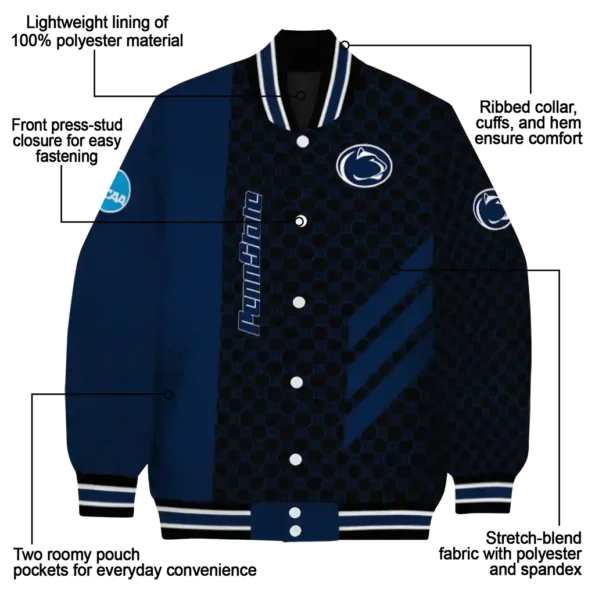 penn state nittany lions triple side stripes blue black varsity jacket new arrival.webp