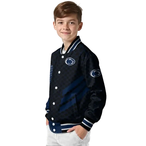 penn state nittany lions triple side stripes blue black varsity jacket trendy.webp