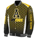 personalized appalachian state mountaineers hexagon grid black varsity jacket best selling.webp