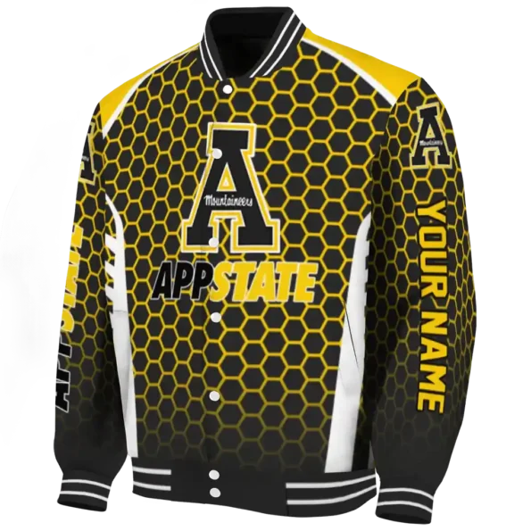 personalized appalachian state mountaineers hexagon grid black varsity jacket best selling.webp