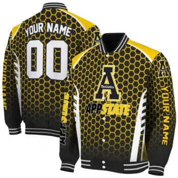 personalized appalachian state mountaineers hexagon grid black varsity jacket fashion forward.webp