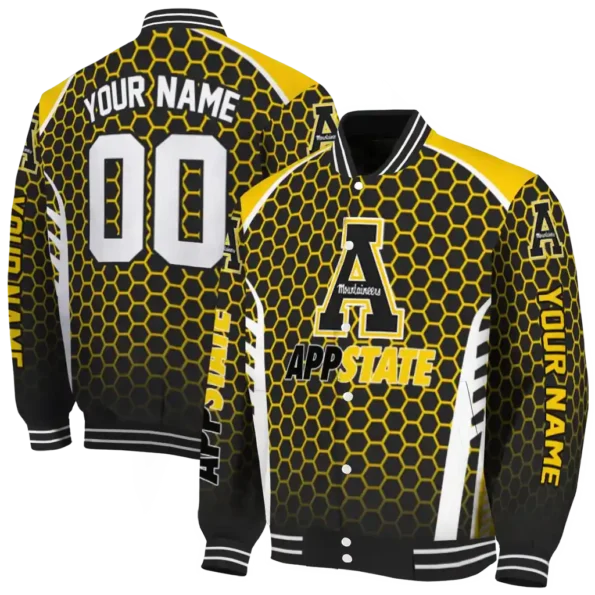 personalized appalachian state mountaineers hexagon grid black varsity jacket fashion forward.webp