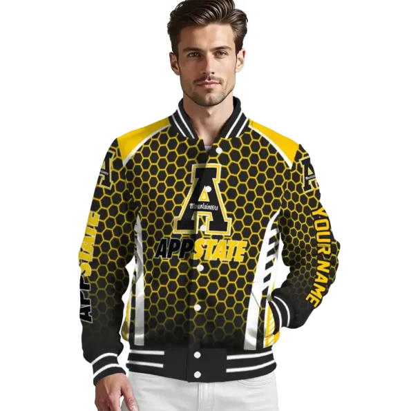 personalized appalachian state mountaineers hexagon grid black varsity jacket high quality.webp