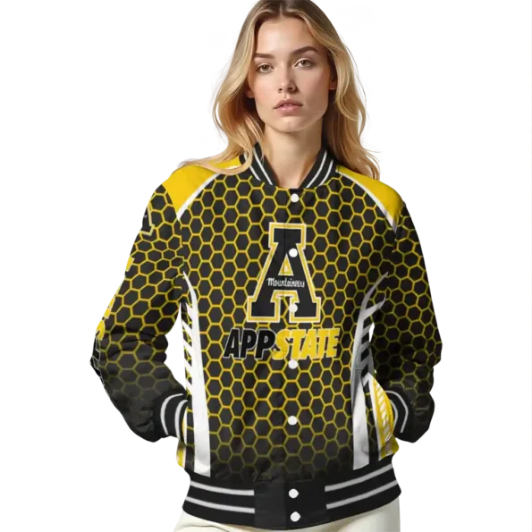 personalized appalachian state mountaineers hexagon grid black varsity jacket latest model.webp