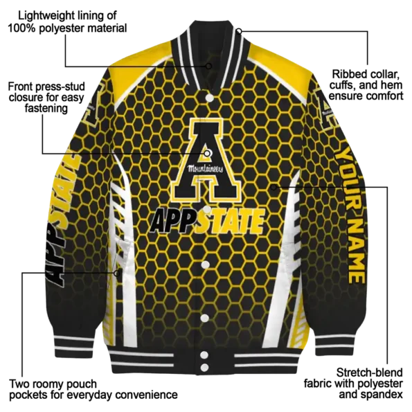personalized appalachian state mountaineers hexagon grid black varsity jacket new arrival.webp