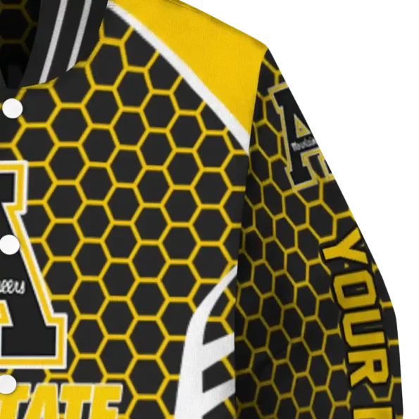 personalized appalachian state mountaineers hexagon grid black varsity jacket premium grade.webp