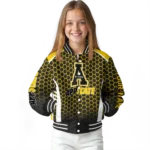 personalized appalachian state mountaineers hexagon grid black varsity jacket best selling.webp