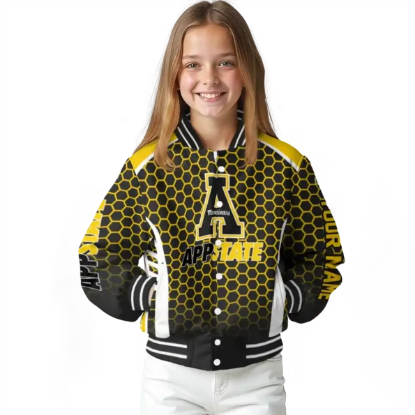 personalized appalachian state mountaineers hexagon grid black varsity jacket top rated.webp