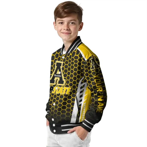 personalized appalachian state mountaineers hexagon grid black varsity jacket trendy.webp