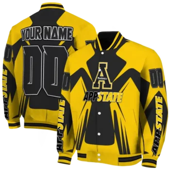 personalized appalachian state mountaineers spider mark black gold varsity jacket fashion forward.webp