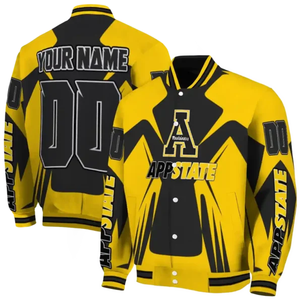 personalized appalachian state mountaineers spider mark black gold varsity jacket fashion forward.webp