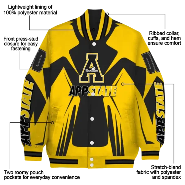 personalized appalachian state mountaineers spider mark black gold varsity jacket new arrival.webp