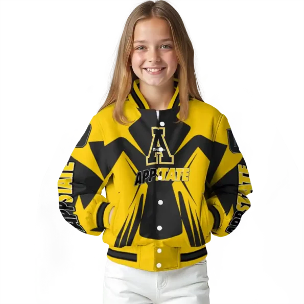 personalized appalachian state mountaineers spider mark black gold varsity jacket top rated.webp