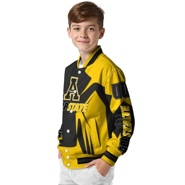 personalized appalachian state mountaineers spider mark black gold varsity jacket trendy.webp