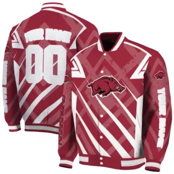 personalized arkansas razorbacks chevron angles red varsity jacket fashion forward.webp