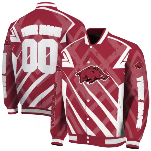 personalized arkansas razorbacks chevron angles red varsity jacket fashion forward.webp