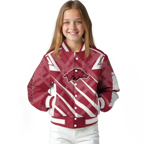 personalized arkansas razorbacks chevron angles red varsity jacket top rated.webp
