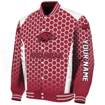 personalized arkansas razorbacks hexagon grid red varsity jacket best selling.webp
