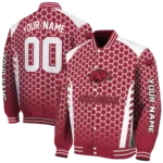 personalized arkansas razorbacks hexagon grid red varsity jacket best selling.webp