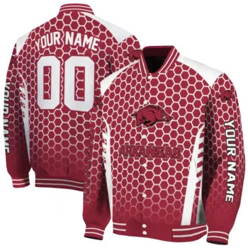 personalized arkansas razorbacks hexagon grid red varsity jacket fashion forward.webp