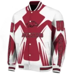 personalized arkansas razorbacks spider mark red white varsity jacket best selling.webp