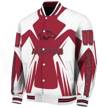 personalized arkansas razorbacks spider mark red white varsity jacket best selling.webp