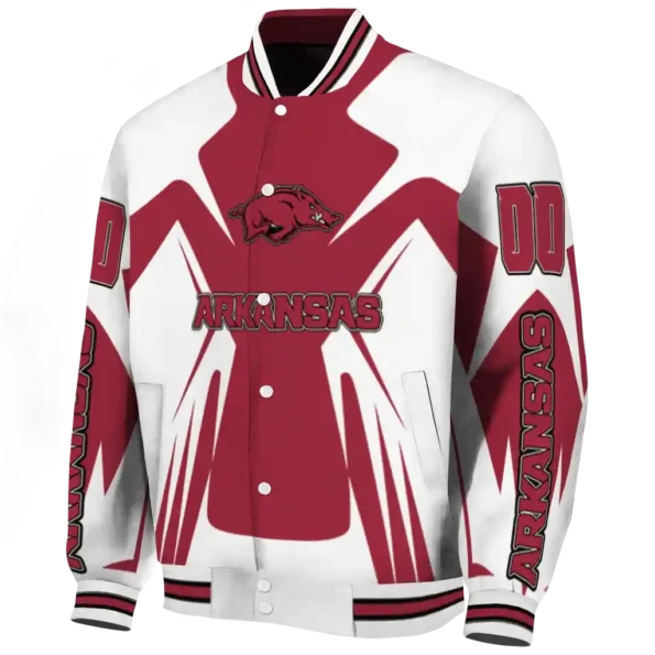 personalized arkansas razorbacks spider mark red white varsity jacket best selling.webp