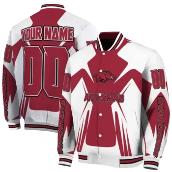 personalized arkansas razorbacks spider mark red white varsity jacket fashion forward.webp