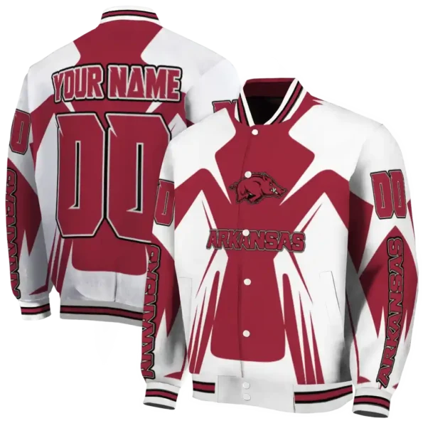 personalized arkansas razorbacks spider mark red white varsity jacket fashion forward.webp