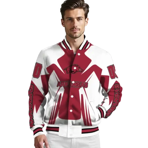 personalized arkansas razorbacks spider mark red white varsity jacket high quality.webp