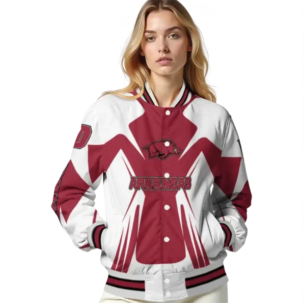 personalized arkansas razorbacks spider mark red white varsity jacket latest model.webp