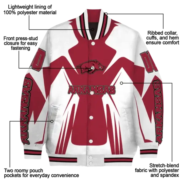 personalized arkansas razorbacks spider mark red white varsity jacket new arrival.webp