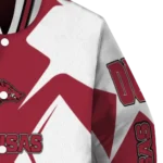 personalized arkansas razorbacks spider mark red white varsity jacket best selling.webp