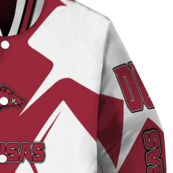 personalized arkansas razorbacks spider mark red white varsity jacket premium grade.webp