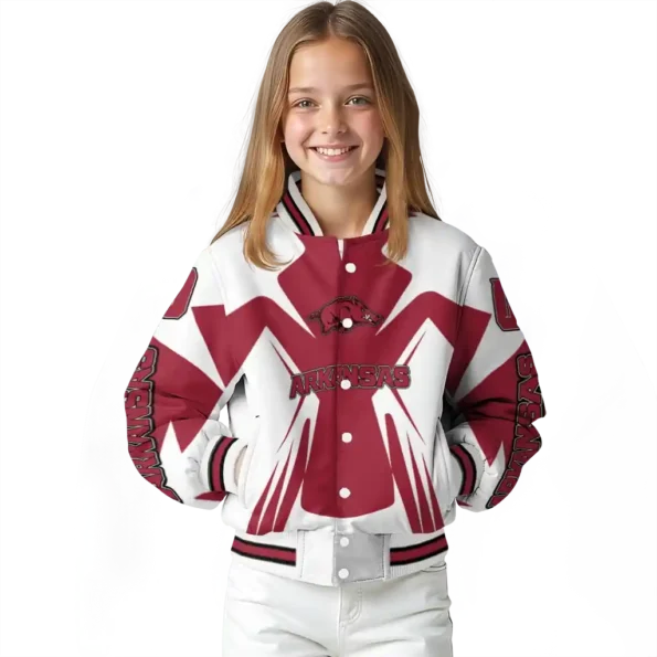 personalized arkansas razorbacks spider mark red white varsity jacket top rated.webp