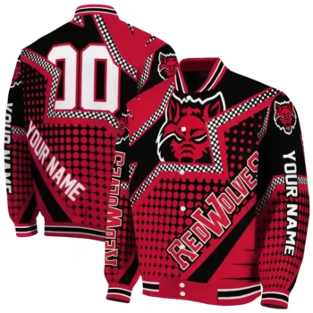 personalized arkansas state red wolves star burst scarlet varsity jacket fashion forward.webp
