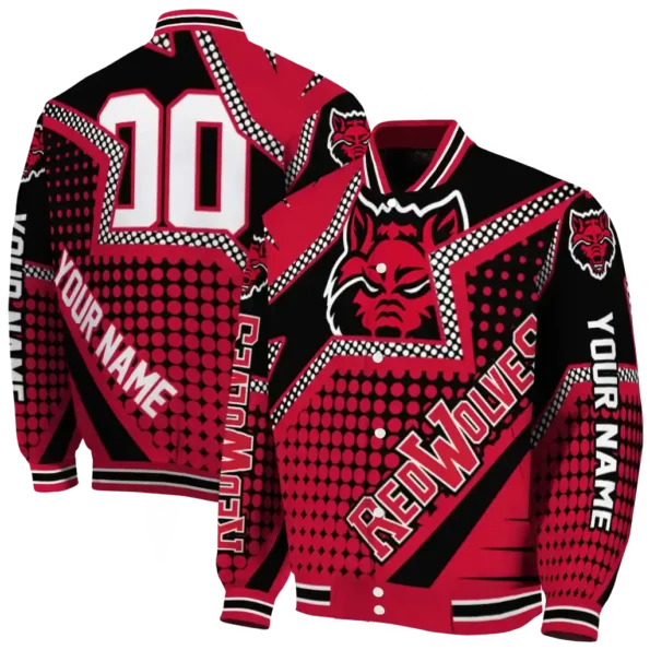 personalized arkansas state red wolves star burst scarlet varsity jacket fashion forward.webp