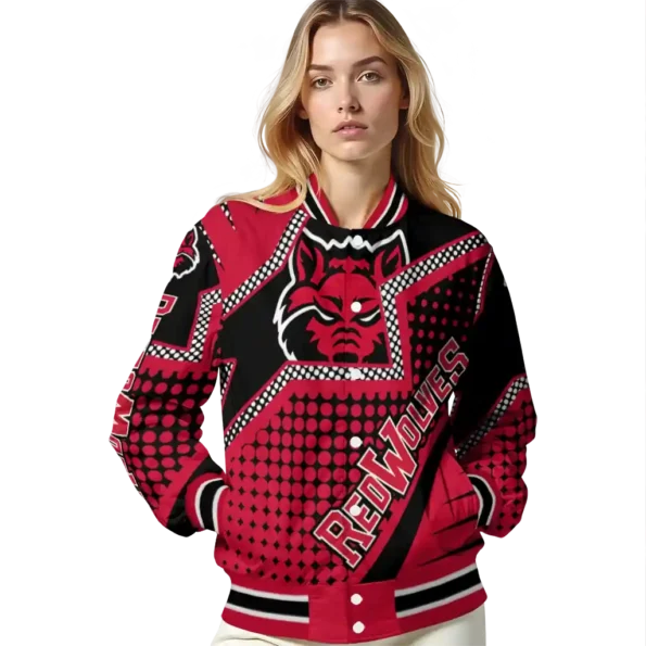 personalized arkansas state red wolves star burst scarlet varsity jacket latest model.webp