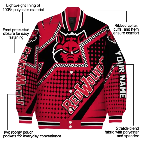 personalized arkansas state red wolves star burst scarlet varsity jacket new arrival.webp