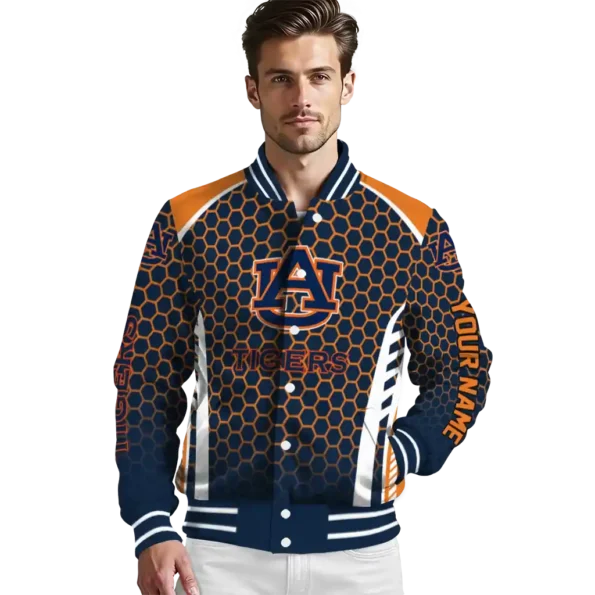 personalized auburn tigers hexagon grid navy blue varsity jacket high quality.webp