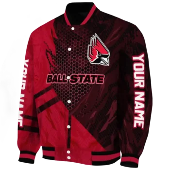 personalized ball state cardinals hexagon mesh red black varsity jacket best selling.webp