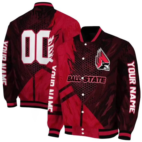 personalized ball state cardinals hexagon mesh red black varsity jacket fashion forward.webp