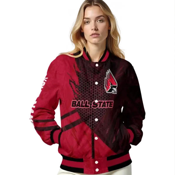 personalized ball state cardinals hexagon mesh red black varsity jacket latest model.webp