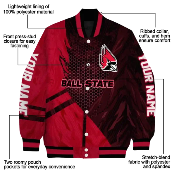 personalized ball state cardinals hexagon mesh red black varsity jacket new arrival.webp