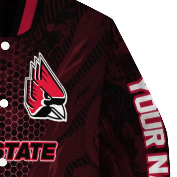 personalized ball state cardinals hexagon mesh red black varsity jacket premium grade.webp