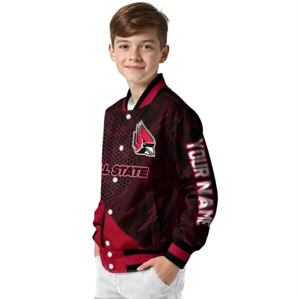 personalized ball state cardinals hexagon mesh red black varsity jacket trendy.webp