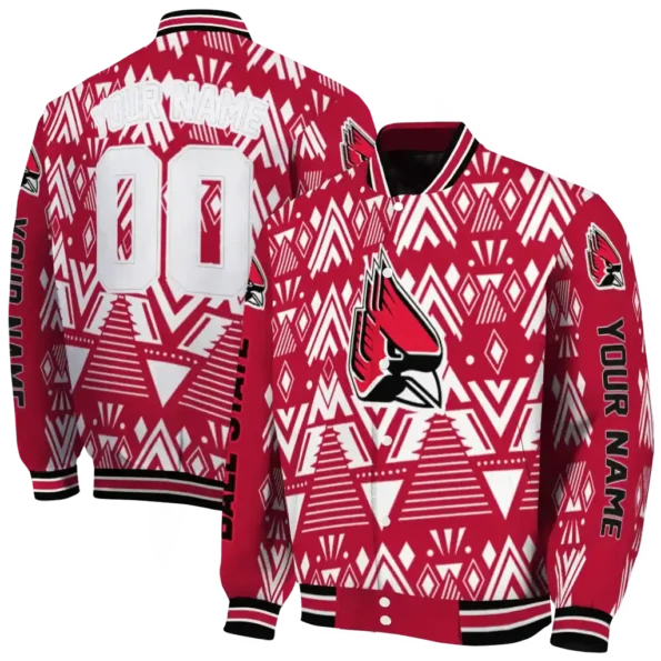 personalized ball state cardinals pyramid shapes red varsity jacket fashion forward.webp
