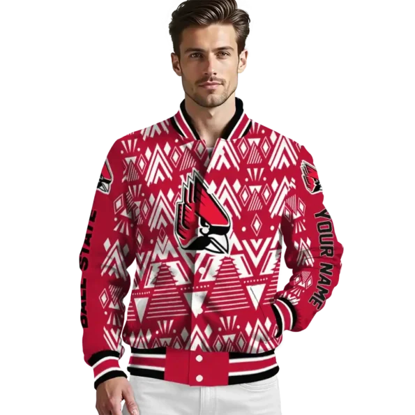 personalized ball state cardinals pyramid shapes red varsity jacket high quality.webp