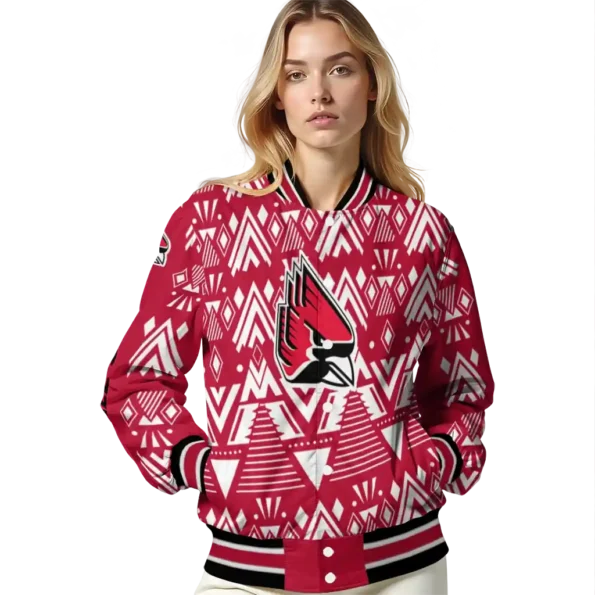 personalized ball state cardinals pyramid shapes red varsity jacket latest model.webp