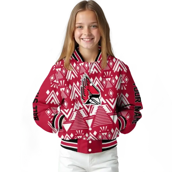 personalized ball state cardinals pyramid shapes red varsity jacket top rated.webp